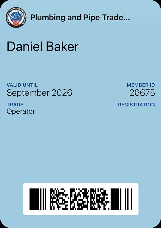 Plumbing and Pipe Trades Employees Union membership card — Daniel Baker